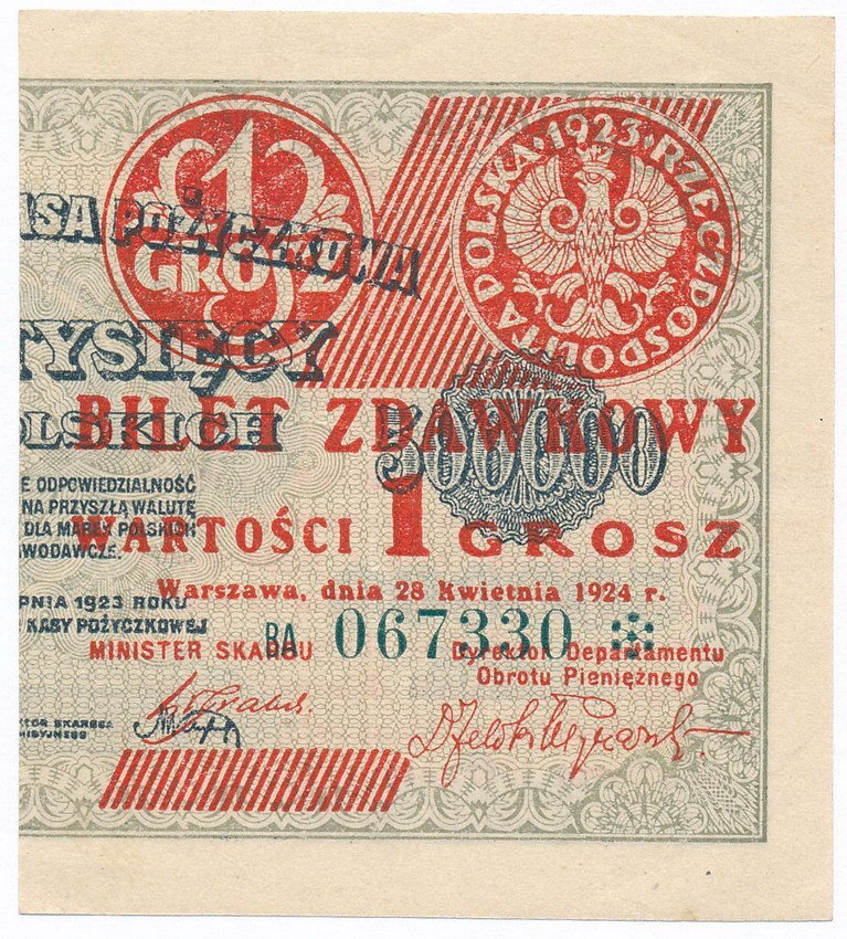 Banknot. Bilet zdawkowy 1 grosz 1924 PRAWY seria BA